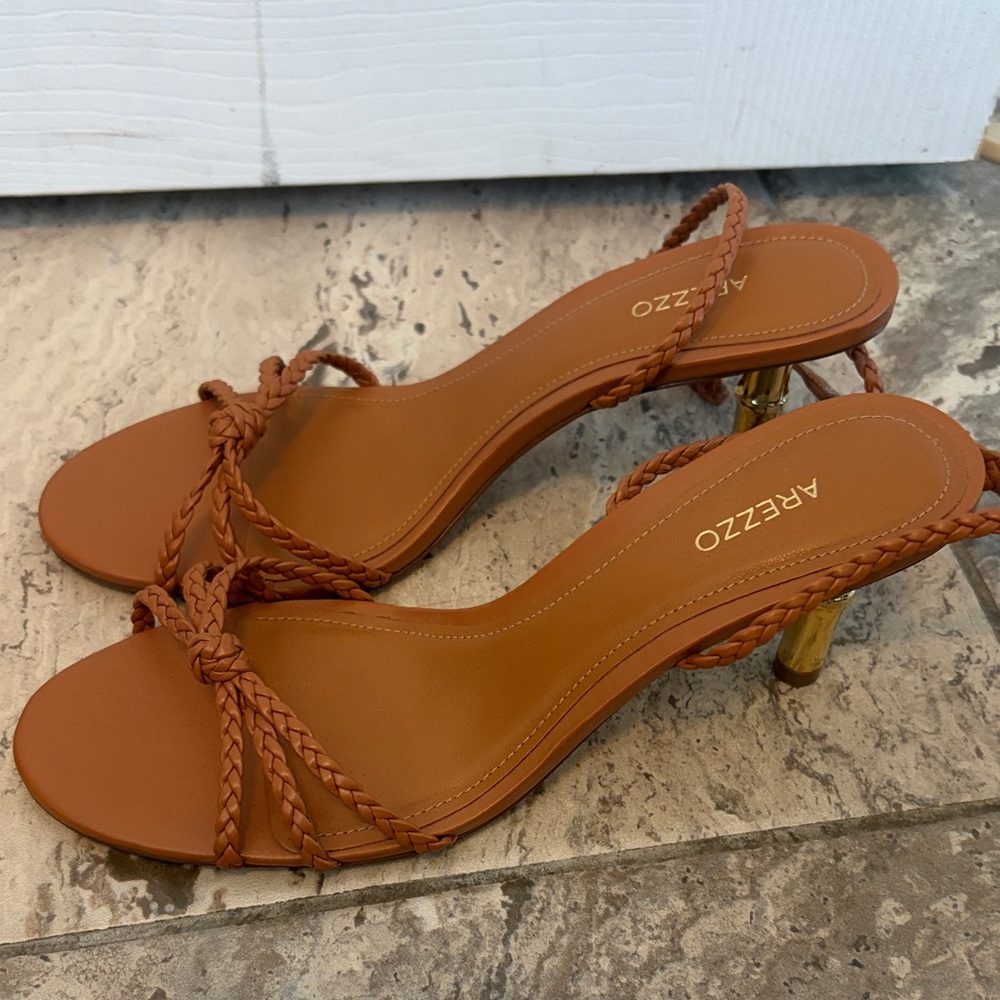 Arezzo Braided Strap Mid Heel Sandals in Tan